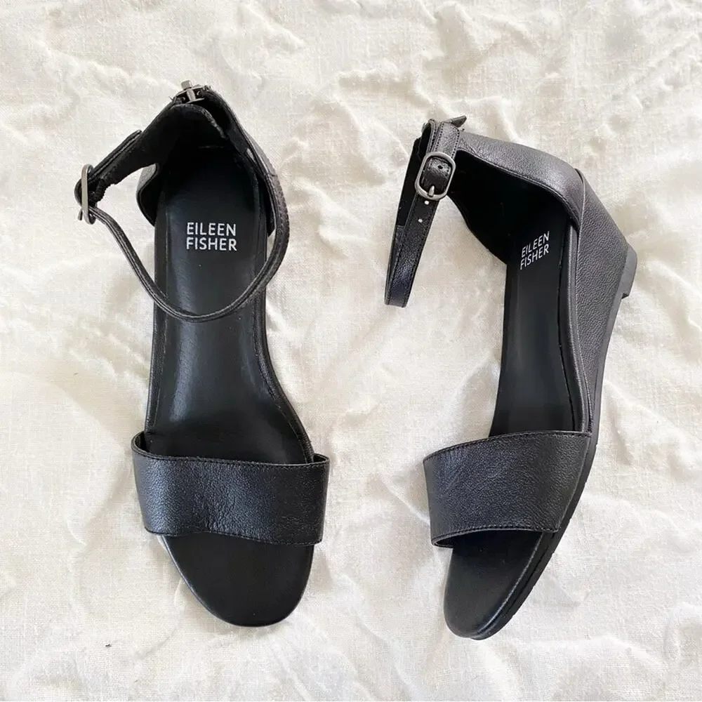 Eileen Fisher Mara Tumbled LeatherWedge Sandal Size 6.5 New